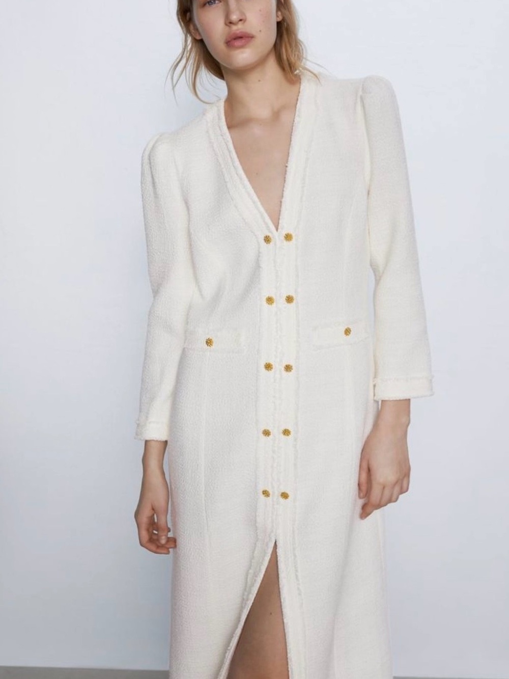 Zara Cream Long Sleeve Button-Front Tweed MIDI Dress with Gold/Black Buttons